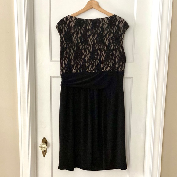 CHAPS Black party cocktail dress XL stretch sheath lace overlay Nude side Ruffle - Picture 11 of 12